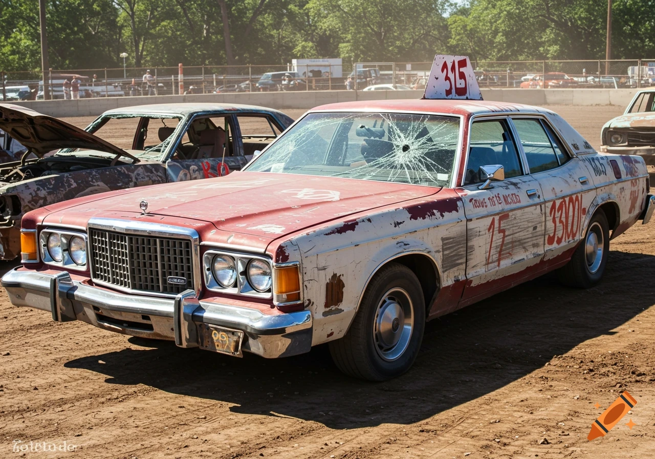 A heavily damaged red and white Ford LTD demolition derby car with the number 315 on its roof, parked on a dirt track under sunlight.