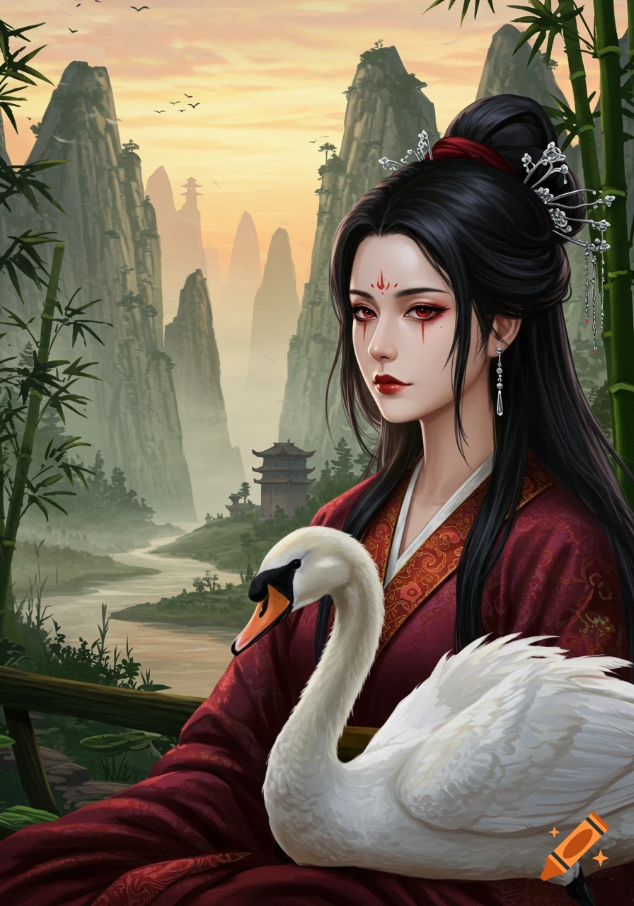 A fantasy digital painting of a woman in traditional Chinese attire with a swan, set against a backdrop of mist-shrouded mountains and bamboo forests.