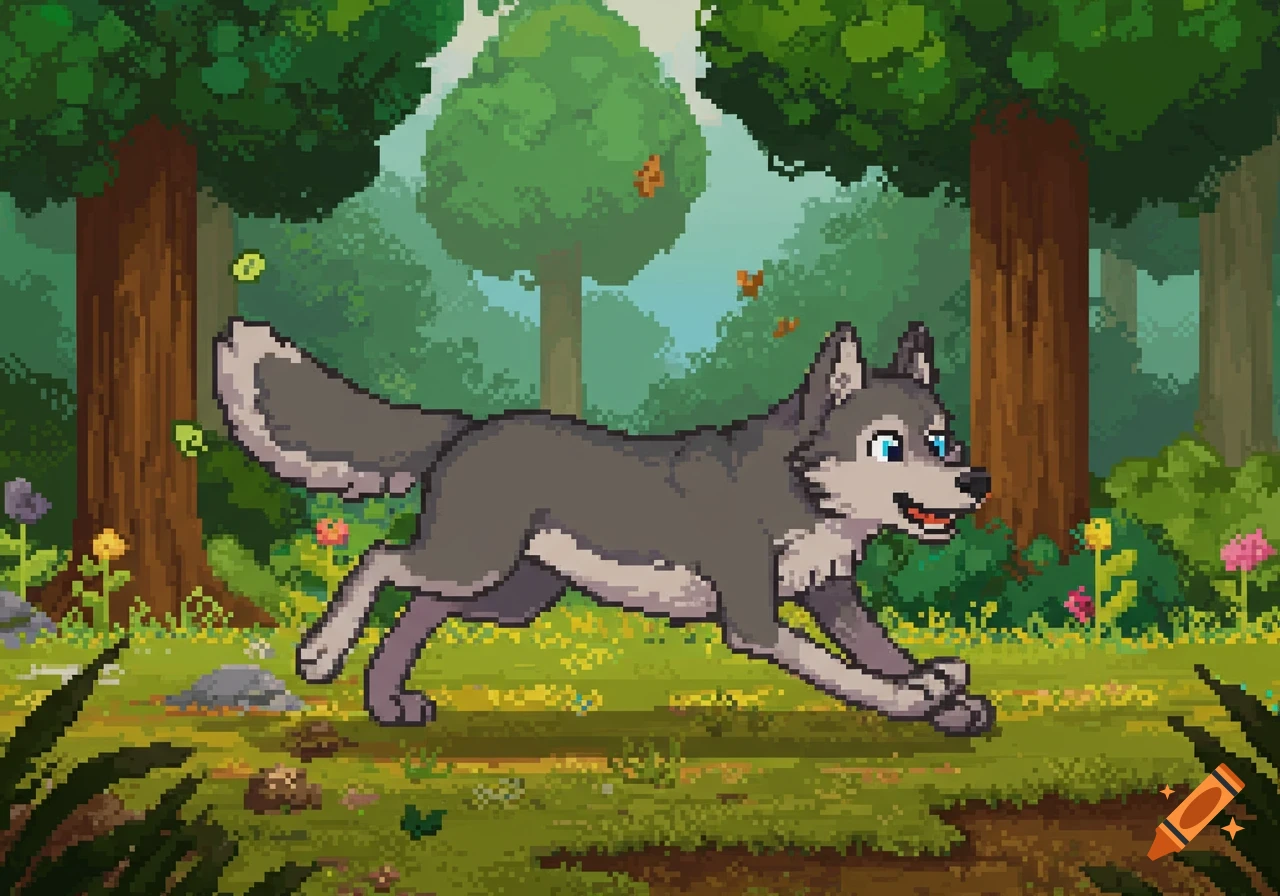 A pixelated cartoon wolf with gray fur and blue eyes runs through a vibrant green forest.