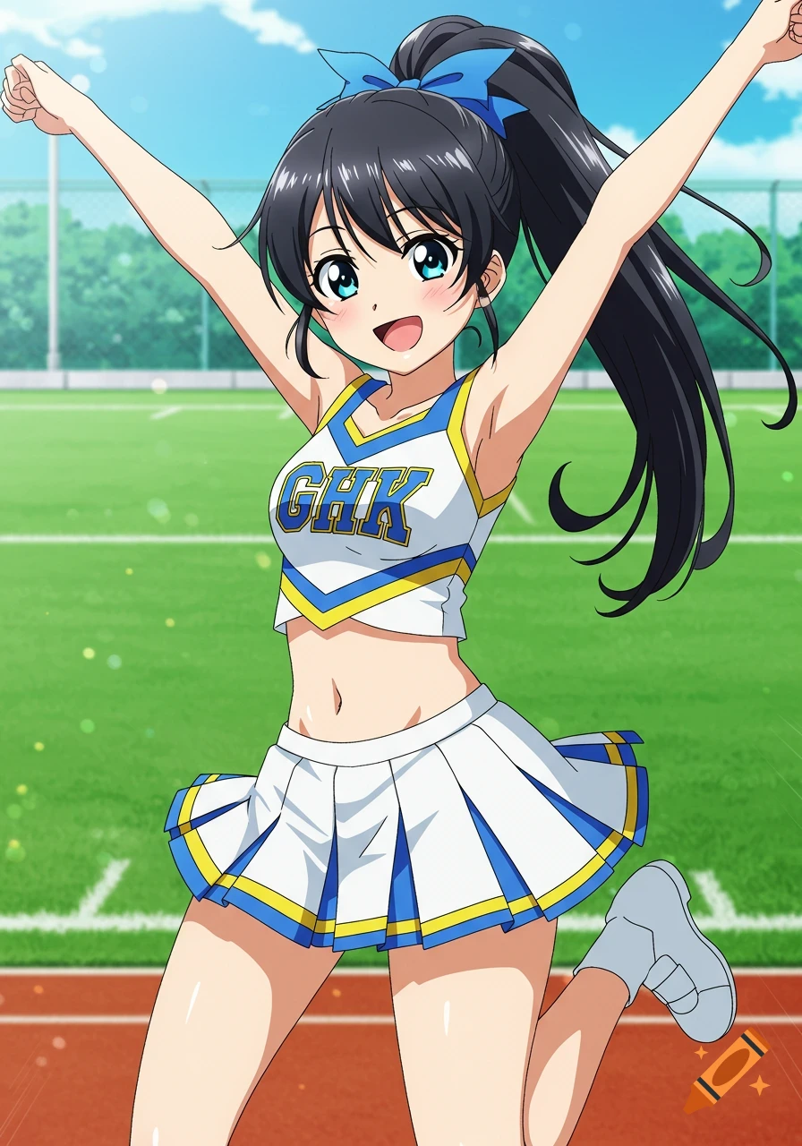 Anime girl in a white, blue, and yellow cheerleader uniform with a ponytail, posing on a green sports field.
