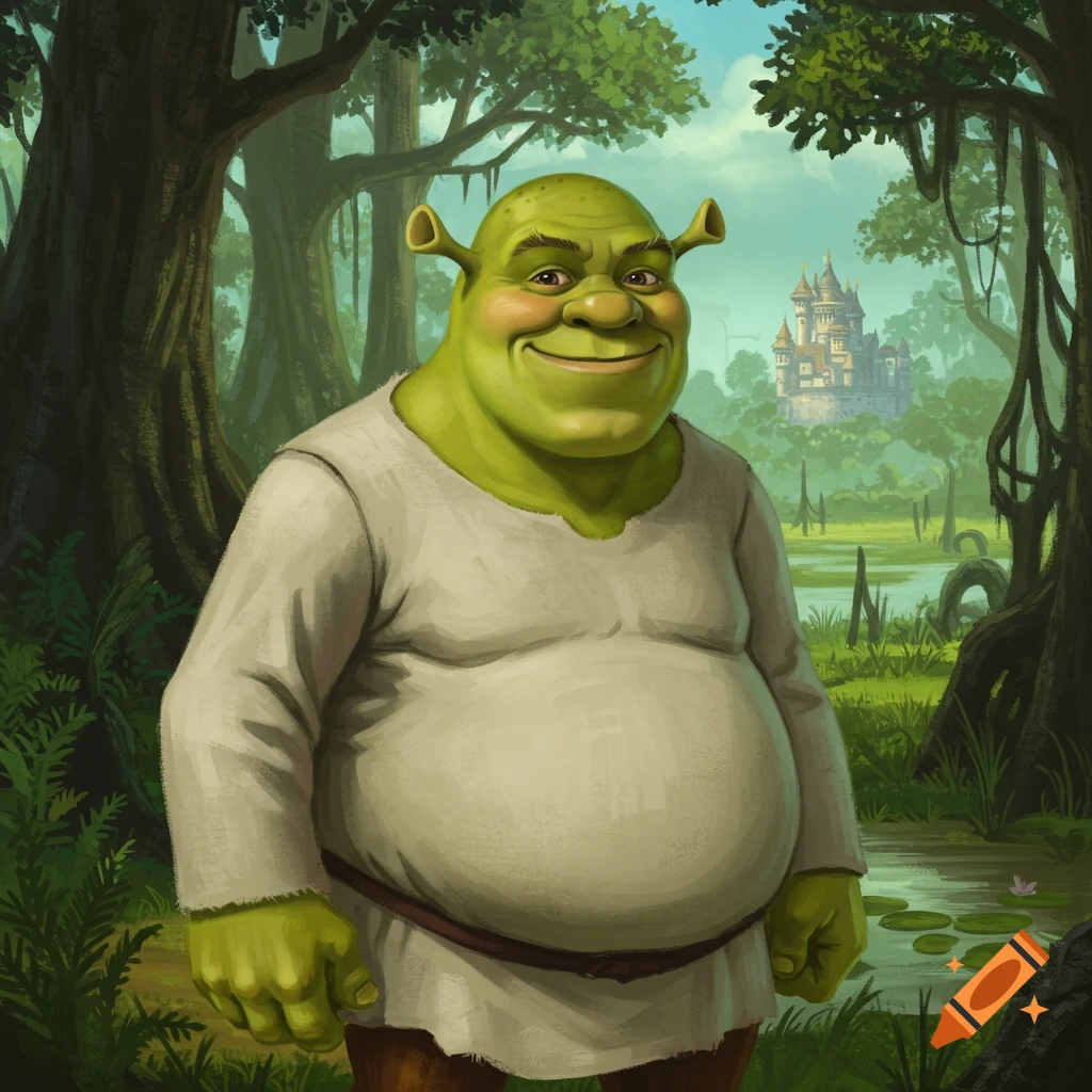 A smiling green ogre, Shrek, stands in a vibrant swamp forest with a distant fairytale castle.