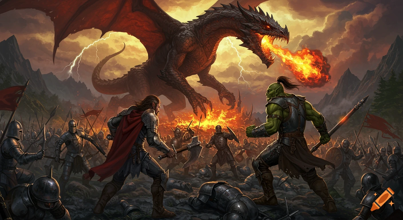 An epic fantasy battle scene with a fire-breathing dragon flying above warriors and an orc fighting on the ground under a stormy, fiery sky.