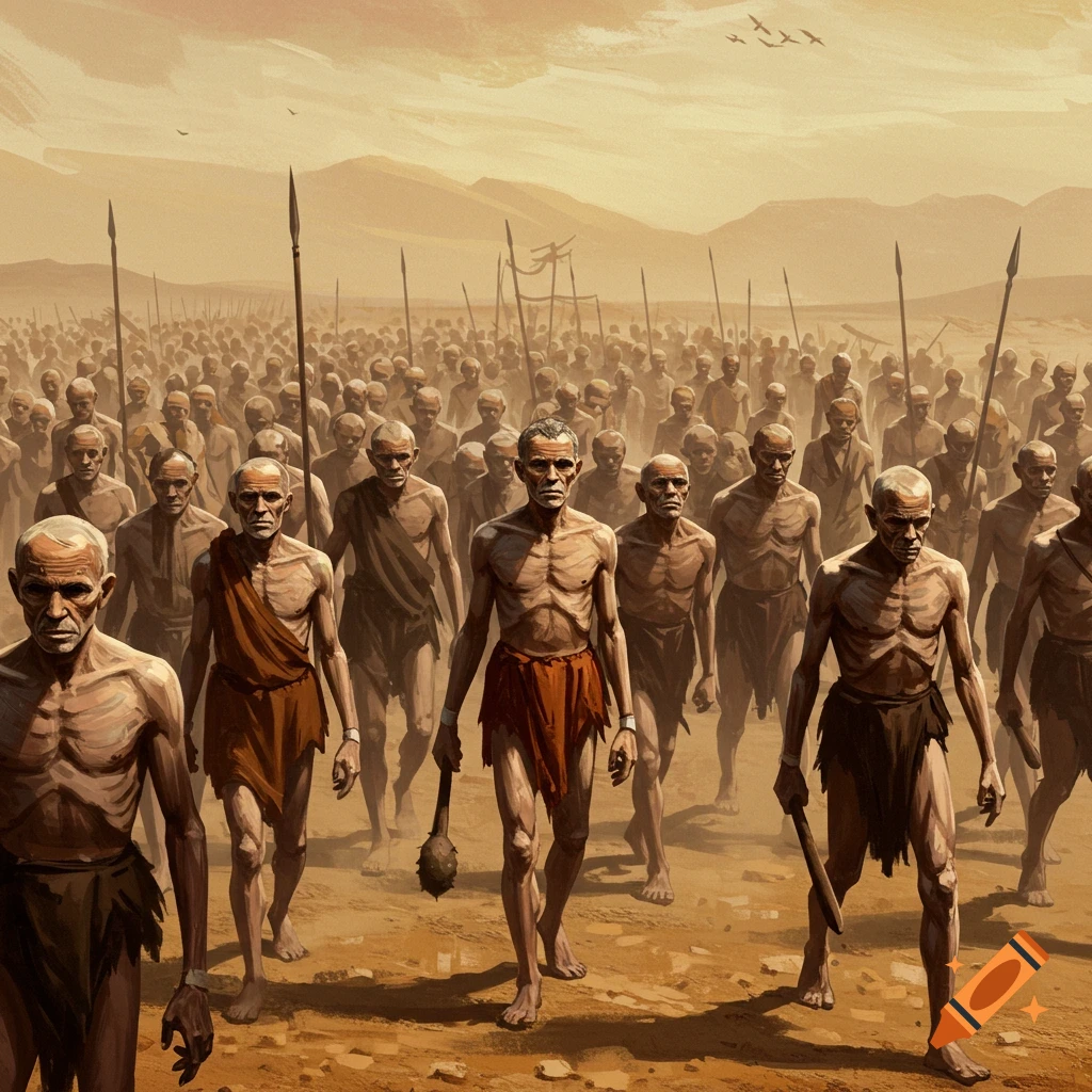 An army of gaunt, older men in loincloths march through a vast desert landscape, some carrying spears.
