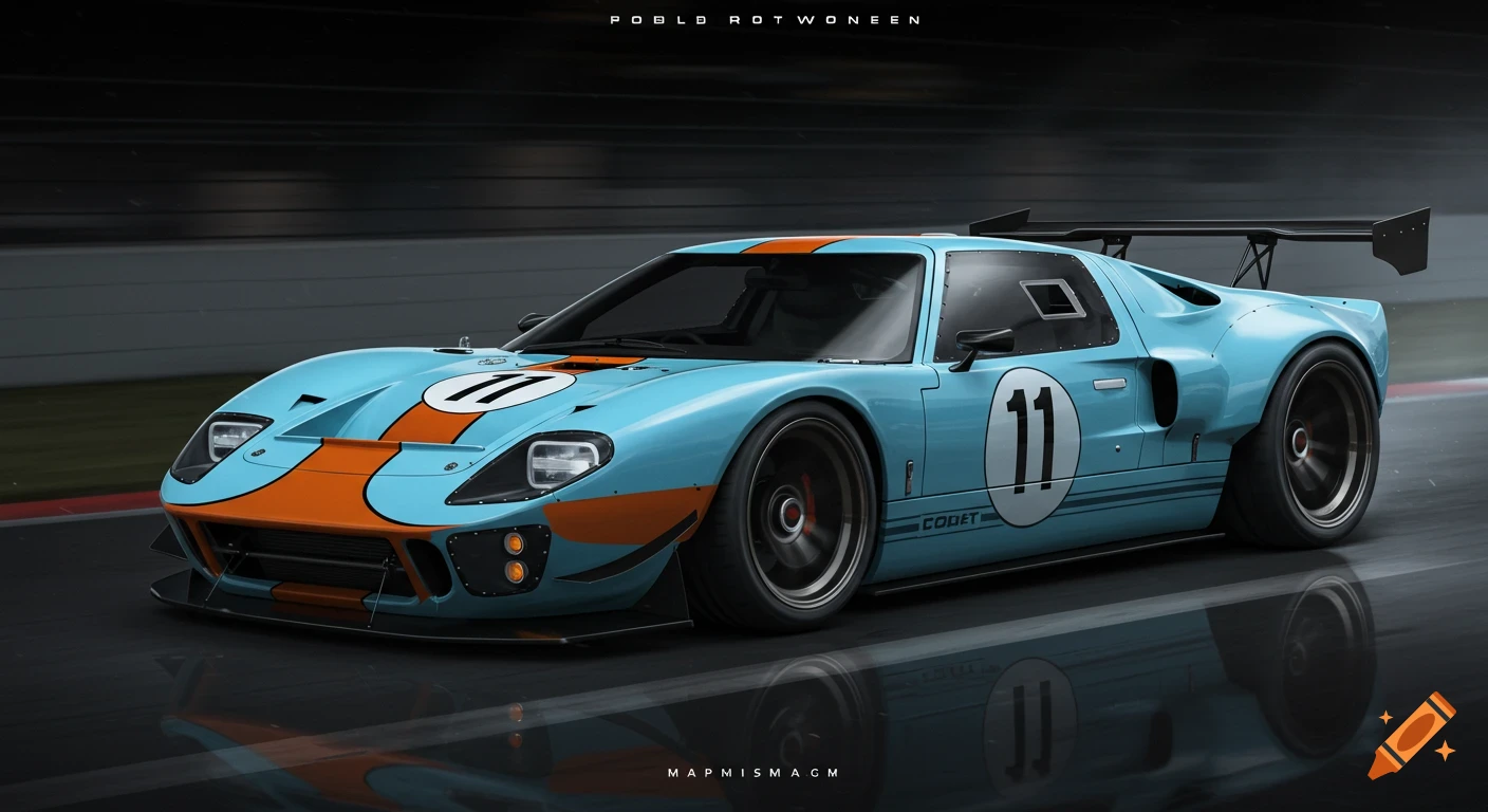 A light blue and orange vintage Ford GT40 racing car with number 11 on the side, speeding on a track.