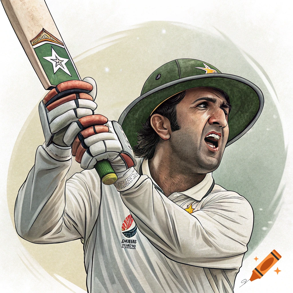 An illustration of a male cricket player in action, wearing a green hat and white uniform, holding a bat with both hands.
