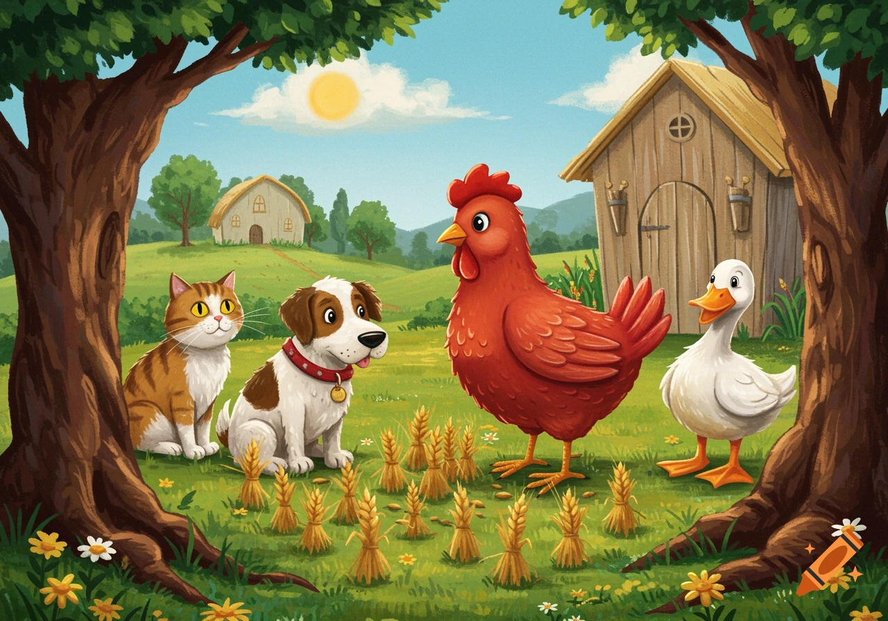 A cartoon illustration of a red hen, white duck, brown and white dog, and a striped cat standing in a grassy field with wheat bundles. Two trees frame the foreground, with a barn and farmhouse in the background under a sunny sky.