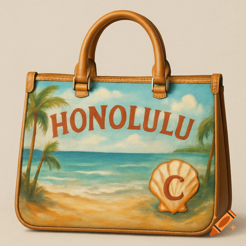 A luxurious brown leather handbag with a painted beach scene, featuring palm trees, ocean, sand, the word HONOLULU, and a seashell with a letter C.
