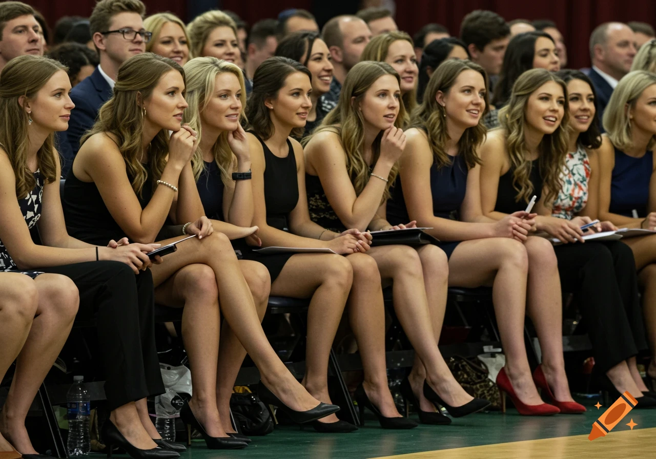 A group of young women, dressed in formal attire, are seated in an audience, attentively observing an event.