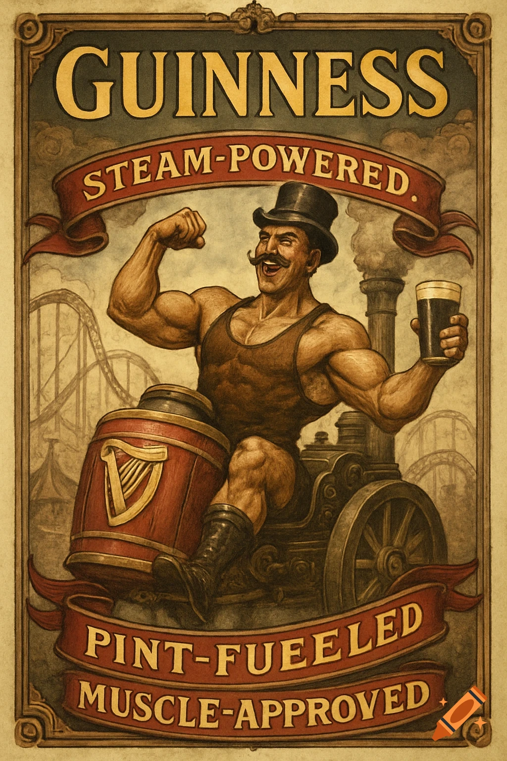 A vintage-style Guinness poster features a muscular man on a steam engine holding a stout, with text "Steam-Powered, Pint-Fueled, Muscle-Approved".