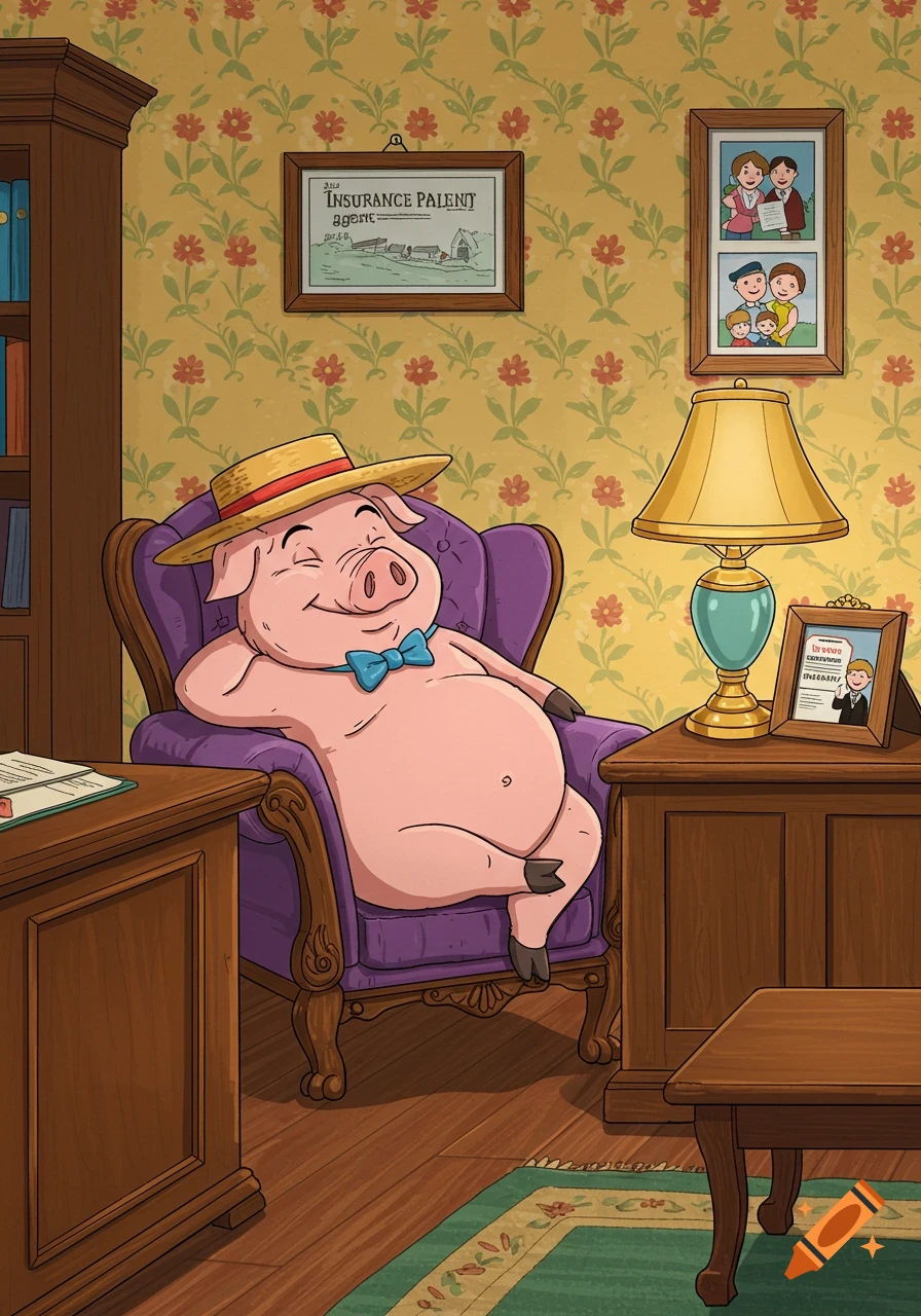 A cartoon pig wearing a straw hat and a blue bow tie, smiling and lounging in a purple armchair in an office with floral wallpaper.