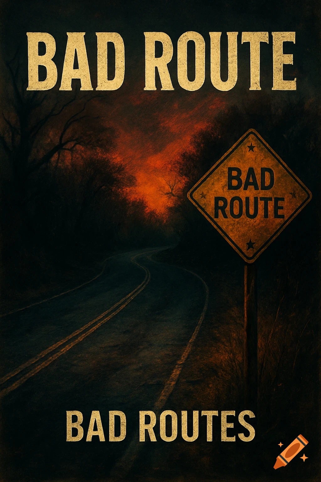 Dark road through eerie forest with orange sky. A sign and text read 'BAD ROUTE' and 'BAD ROUTES' on this album cover.