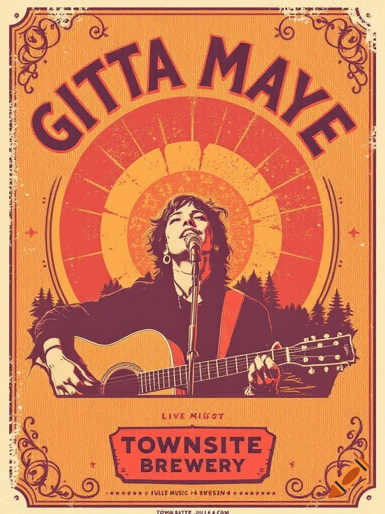 A vintage-style concert poster for Gitta Maye, featuring a woman playing an acoustic guitar and singing into a microphone, with a sunburst design behind her and pine trees. The poster has distressed textures and ornate borders, with text for "Gitta Maye" and "Townsite Brewery".