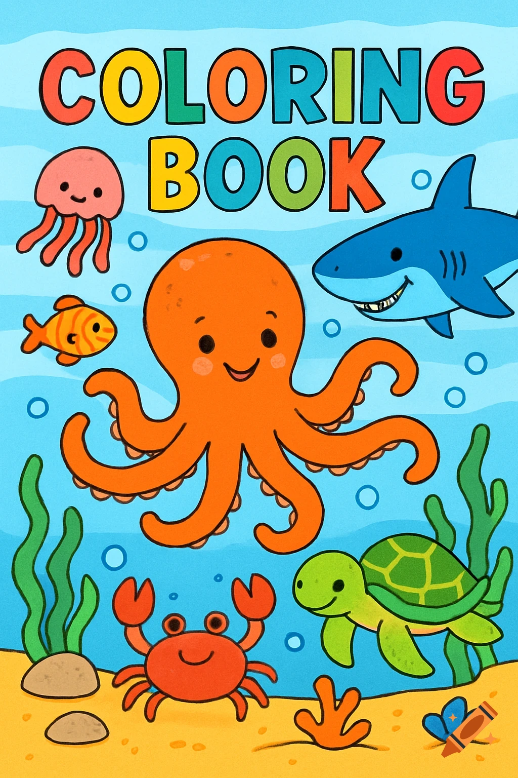 Colorful children's coloring book cover featuring a smiling octopus, shark, jellyfish, crab, turtle, and fish underwater with the title 'COLORING BOOK'.