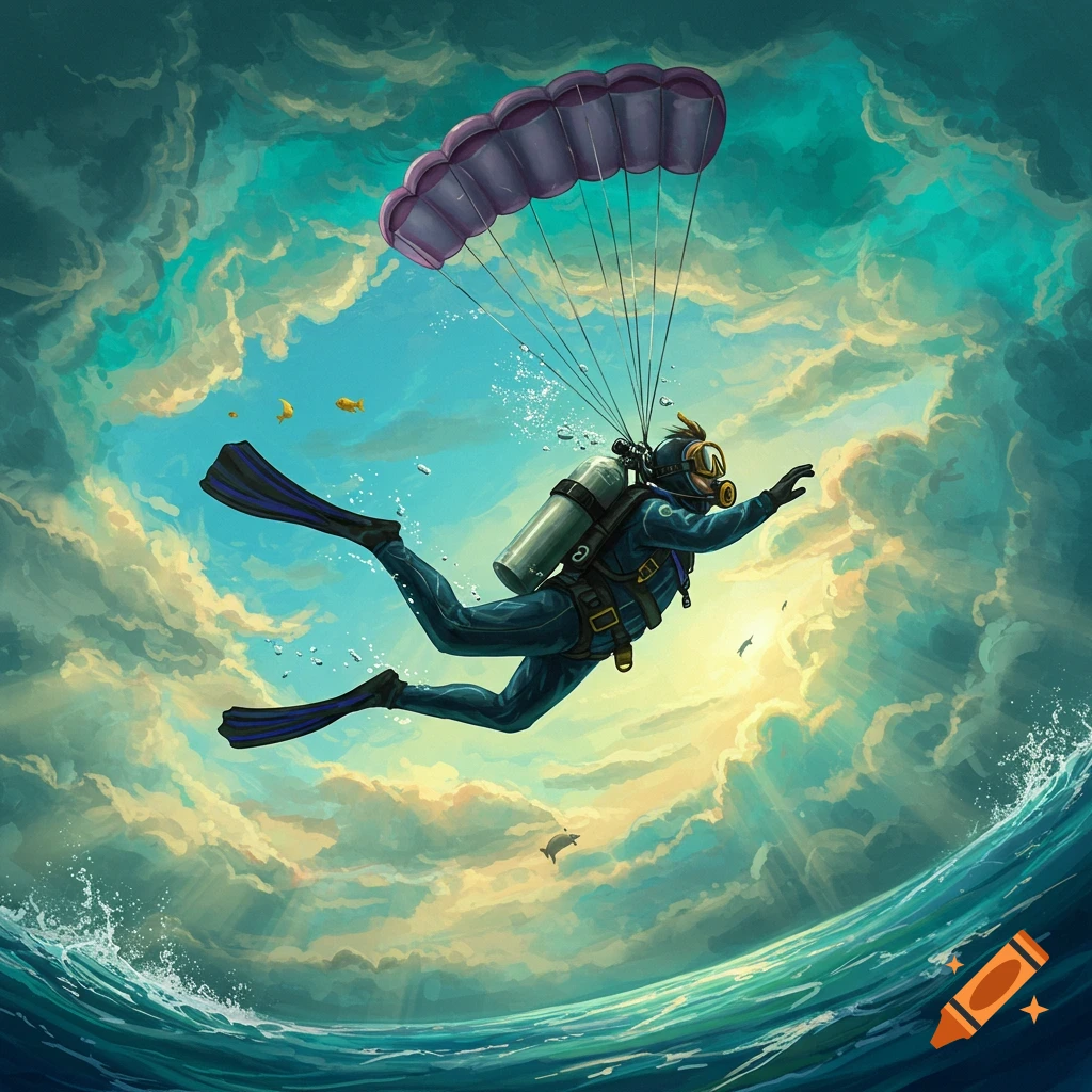 A scuba diver parachutes down towards ocean waves, surrounded by swirling clouds in a surreal, illustrative style.