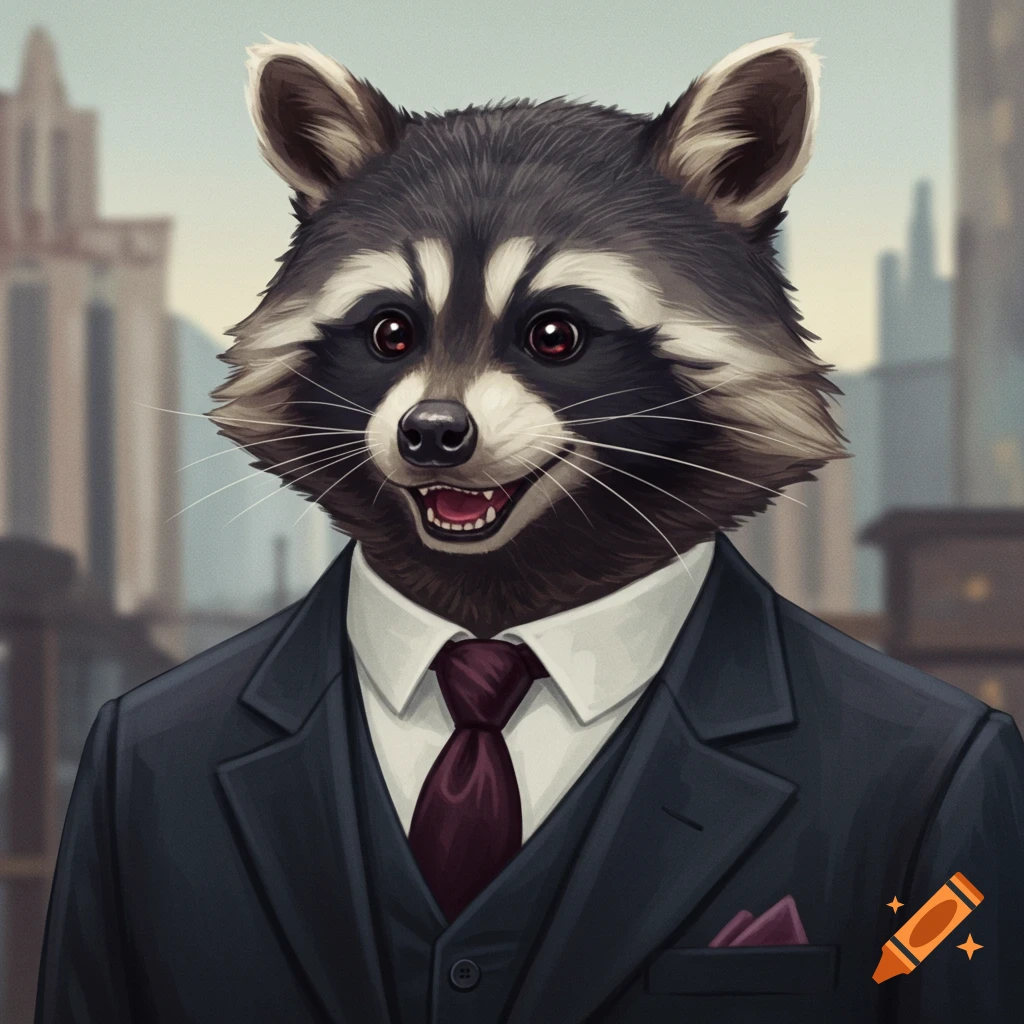An anthropomorphic raccoon in a dark suit, white shirt, and red tie smiles in front of a blurred city skyline illustration.