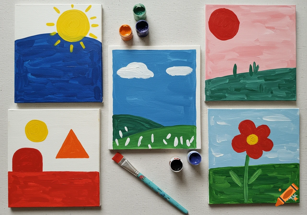 A flat lay of multiple simple, colorful acrylic paintings, paint pots, and a paintbrush on a white canvas background.
