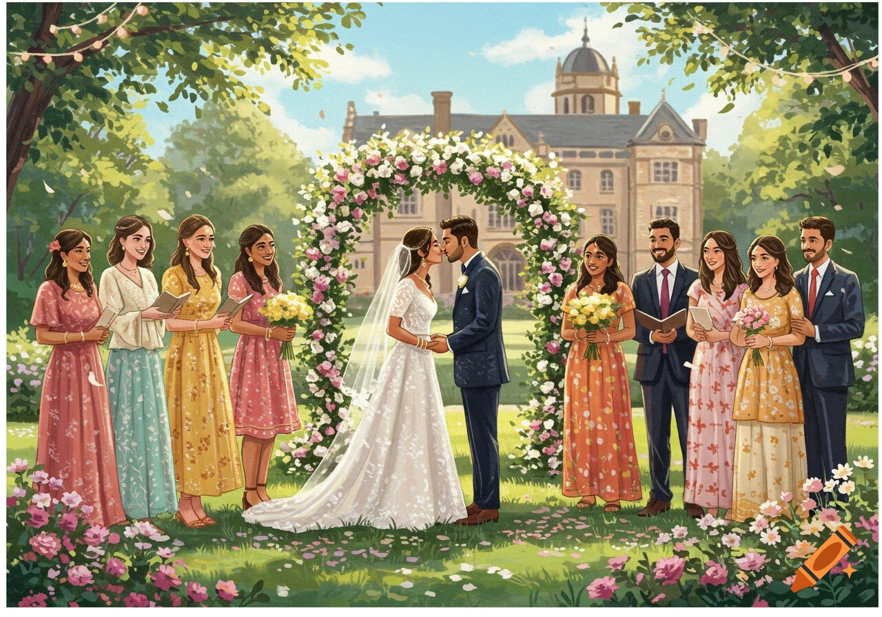 An illustration of a diverse couple at their wedding ceremony in a garden, surrounded by a floral arch and their wedding party.
