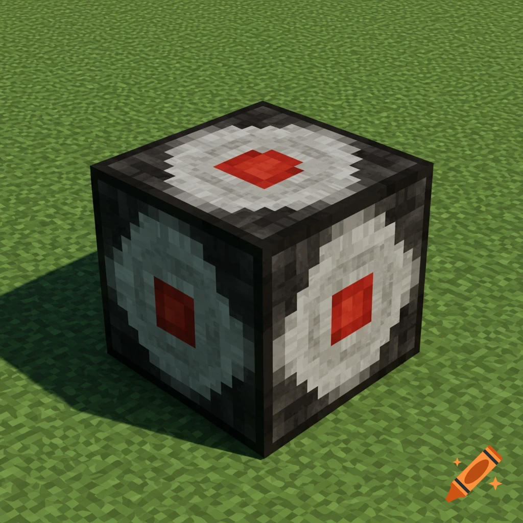 A pixelated Minecraft-style block with a black, white, and red target-like design on a grassy background.