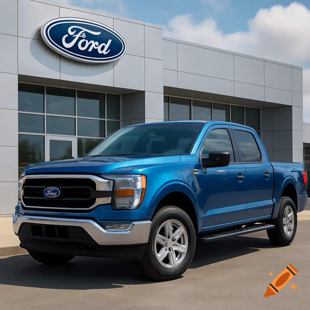 A blue Ford pickup truck parked in front of a modern Ford dealership building under a clear sky.