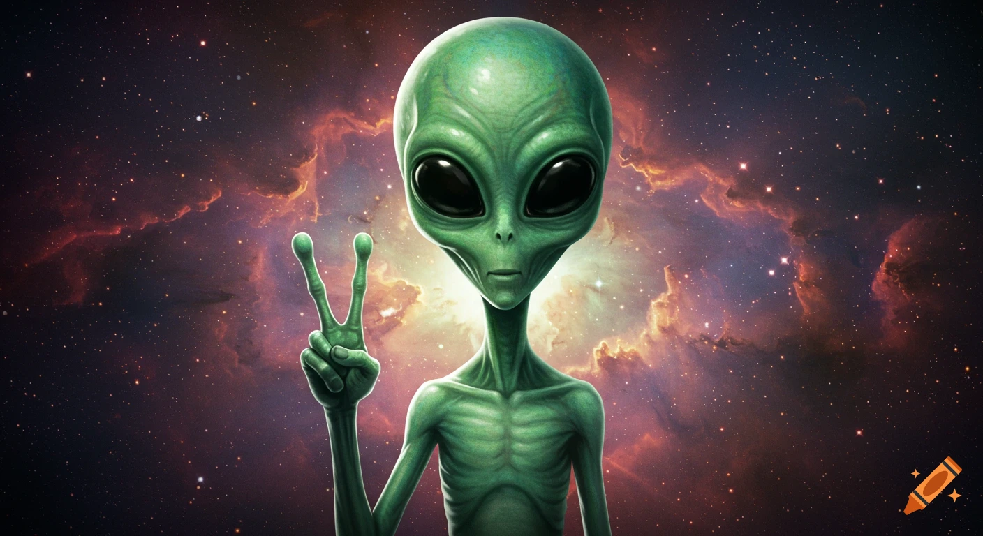 A green alien with large black eyes makes a peace sign with its fingers against a backdrop of a colorful nebula and stars.