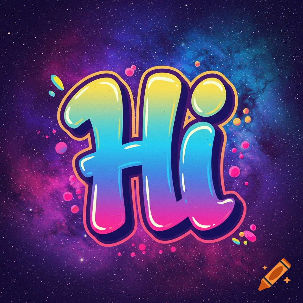 The word 'Hi' in bright, multi-colored bubble letters, resembling graffiti art, against a starry, purple and blue galaxy background.