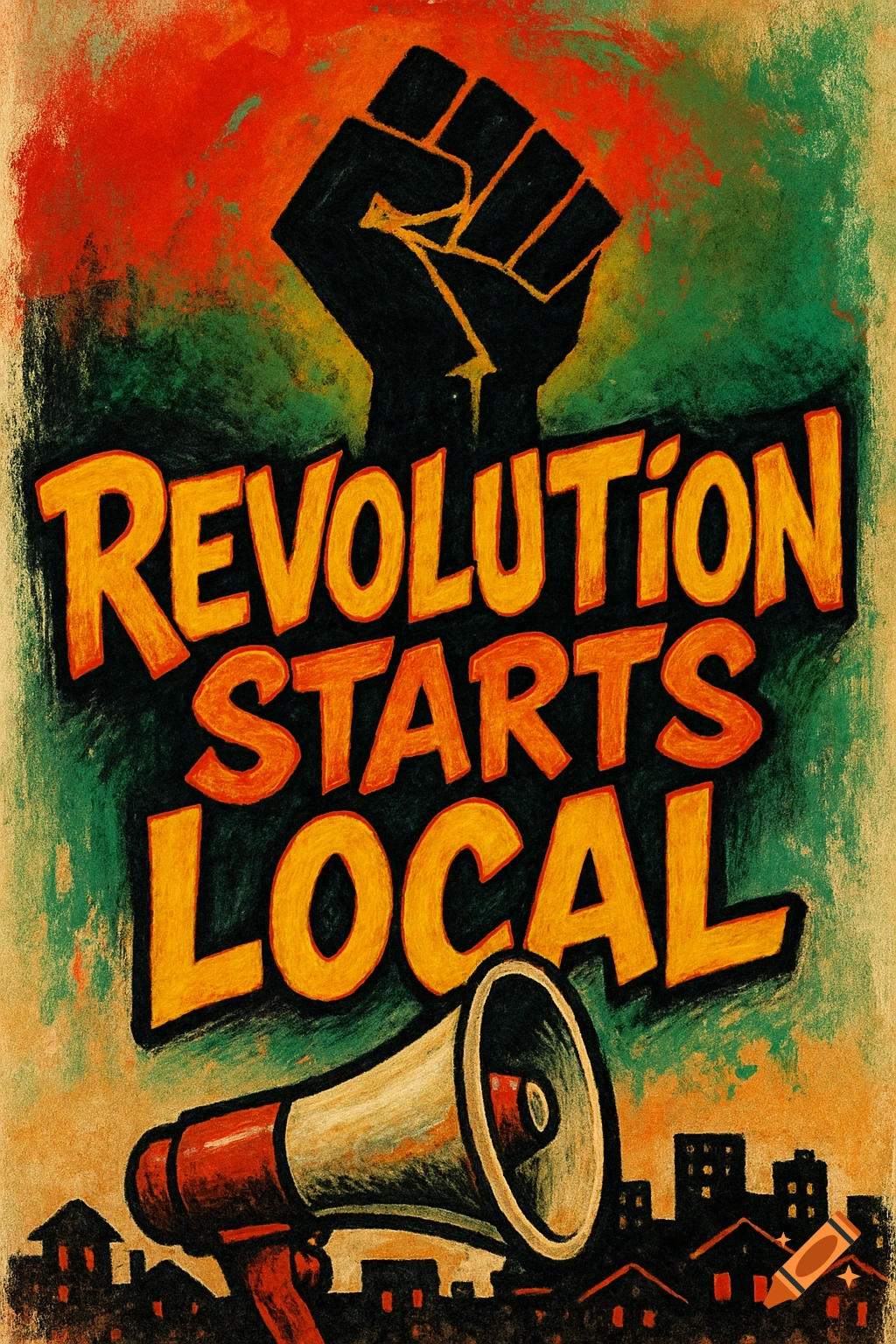A vintage-style protest poster featuring a raised black power fist, a megaphone, and a city skyline. Bold orange text reads 'REVOLUTION STARTS LOCAL' against a red, green, and black background.