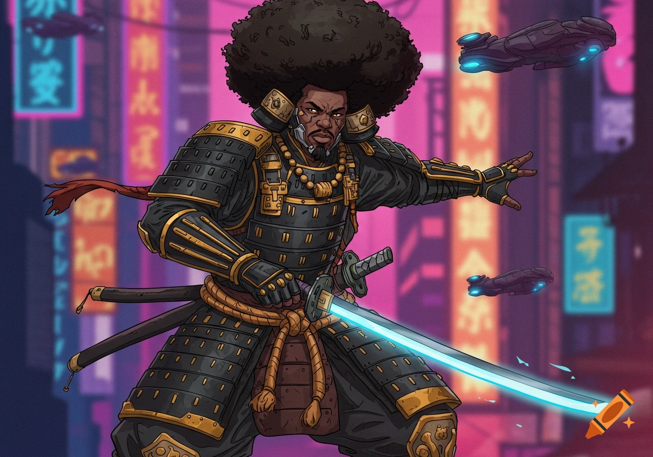 A Black samurai with an afro and black and gold armor stands in a neon-lit cyberpunk city, holding a glowing katana, with flying vehicles in the background.