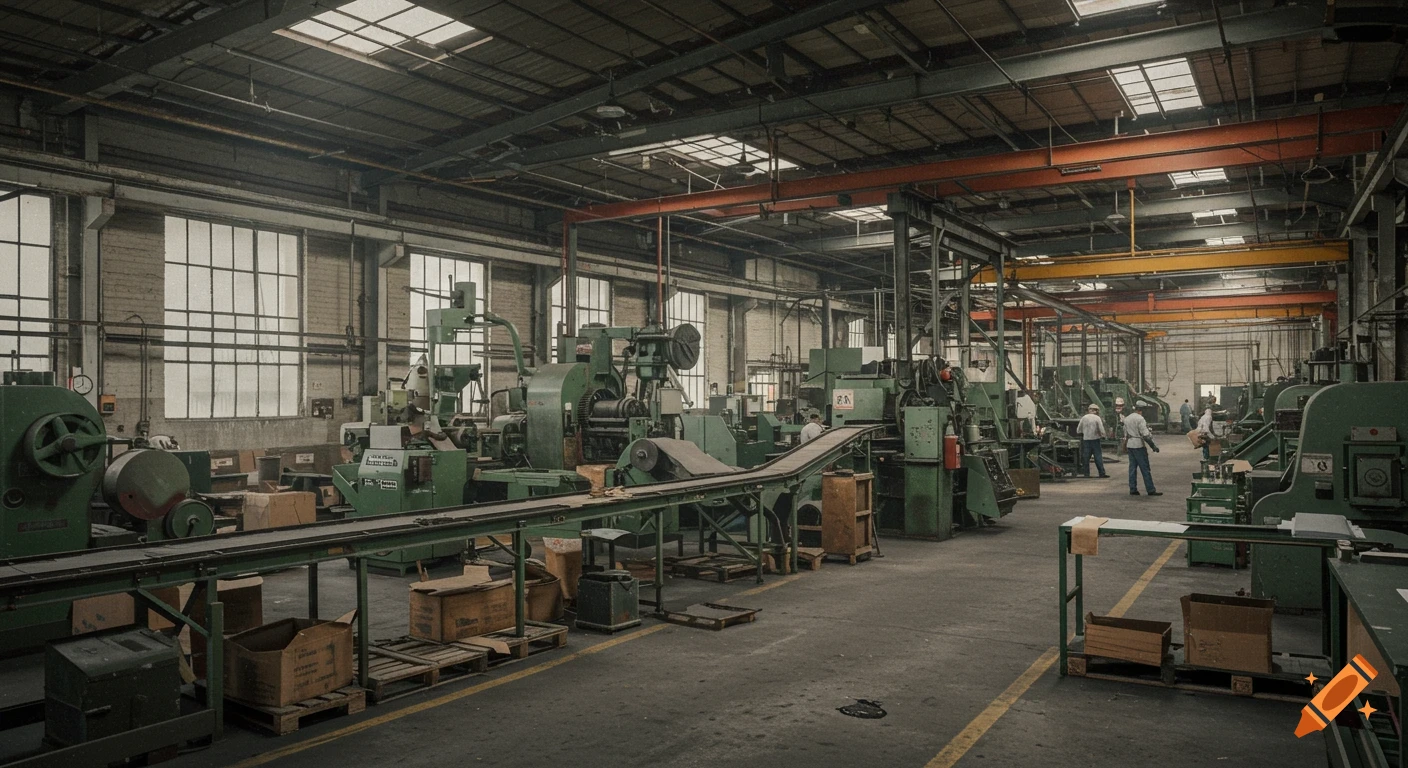 An old, dimly lit manufacturing warehouse from the 1960s, featuring green industrial machinery, conveyor belts, and scattered workers under natural light from large windows and skylights.