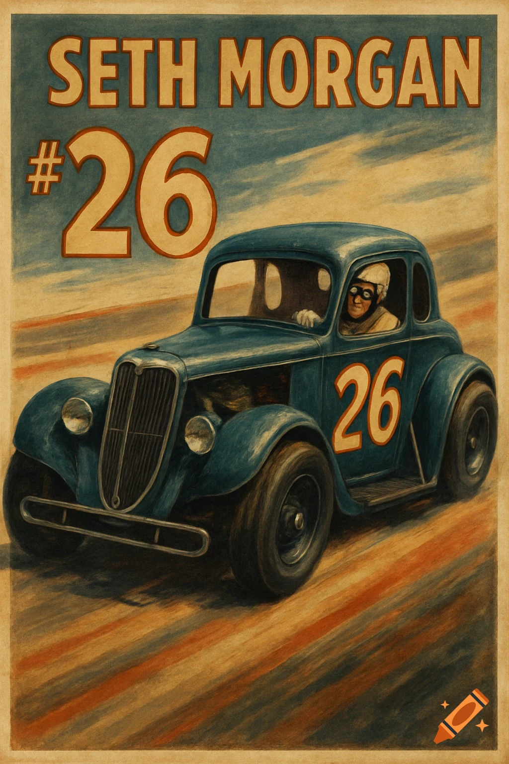 A retro-style poster features a blue vintage race car with number 26 on the door, driven by Seth Morgan, on a dirt track.