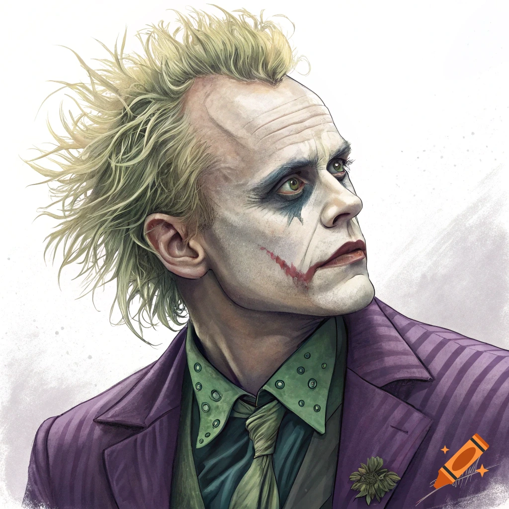 A stylized portrait of a man resembling the Joker with disheveled blonde hair, white face paint, red scarred smile, and a purple suit.
