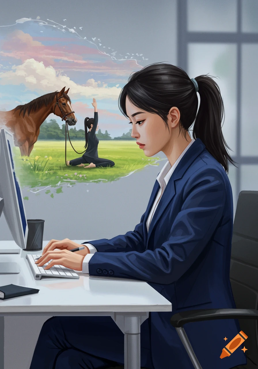 A woman in a blue suit works at a computer, with a thought bubble above her head showing her doing yoga in a grassy field with a horse.