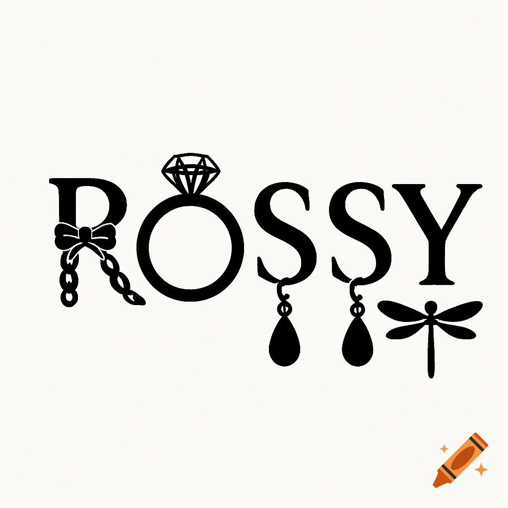 Black and white logo spelling "ROSSY", with the R stylized as a chain and bow, the O as a diamond ring, the two S's with dangling earrings, and the Y as a dragonfly.
