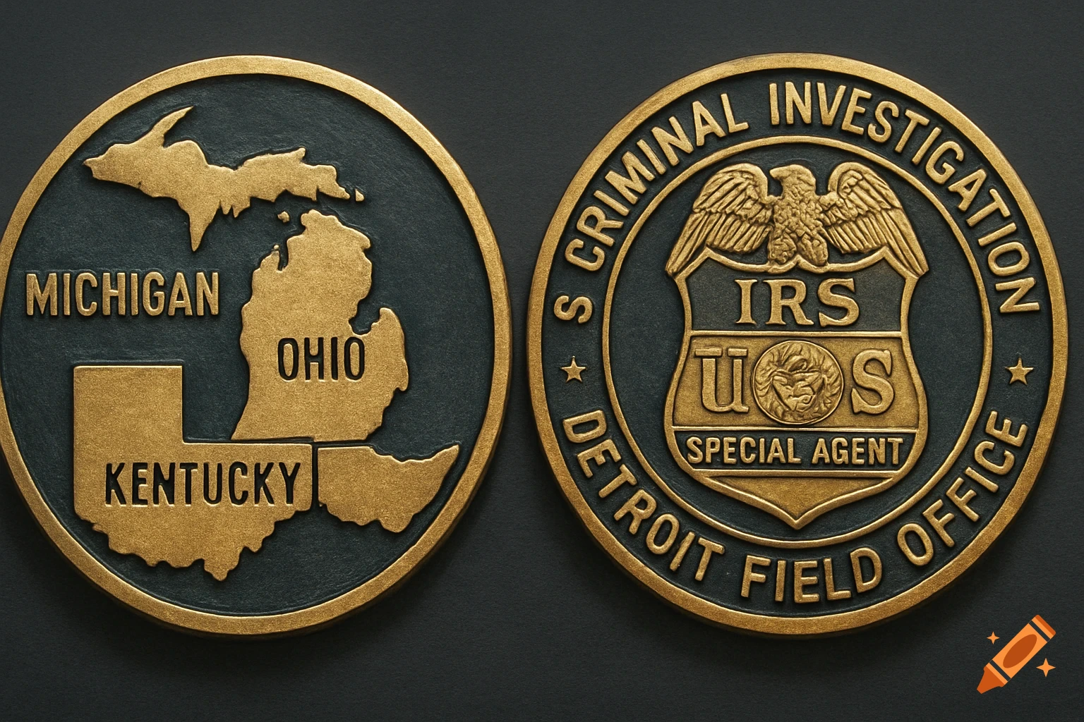 Two challenge coins with a metallic finish. One shows golden outlines of Michigan, Ohio, and Kentucky states on a dark background. The other features a golden emblem with an eagle, 'IRS CRIMINAL INVESTIGATION DETROIT FIELD OFFICE' text, and 'SPECIAL AGENT' on a dark background.