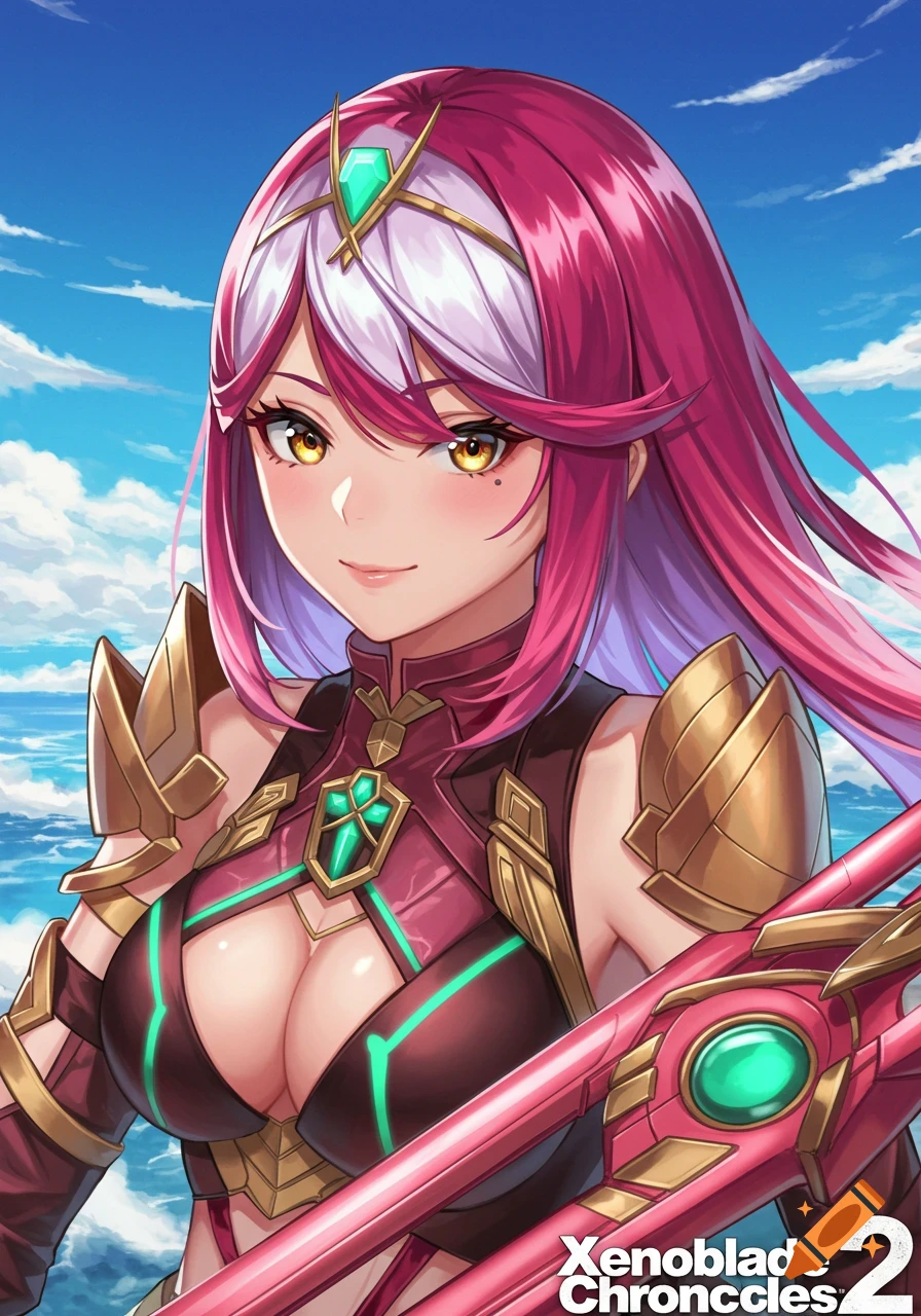 Anime illustration of Pyra from Xenoblade Chronicles, featuring a character with long pink hair and golden eyes in a detailed maroon and gold outfit, against a blue sky.