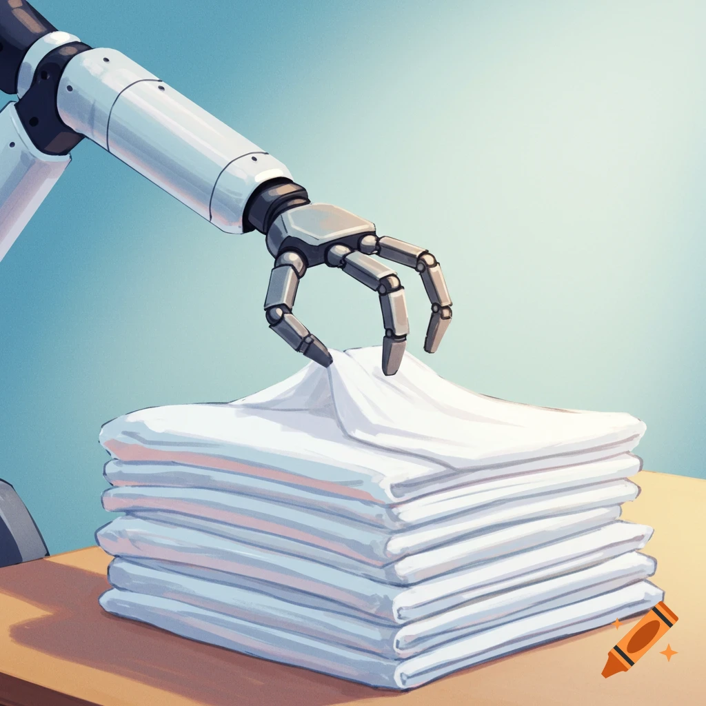 A robot arm folds white laundry on a wooden table, against a light blue background, in an illustrative style.
