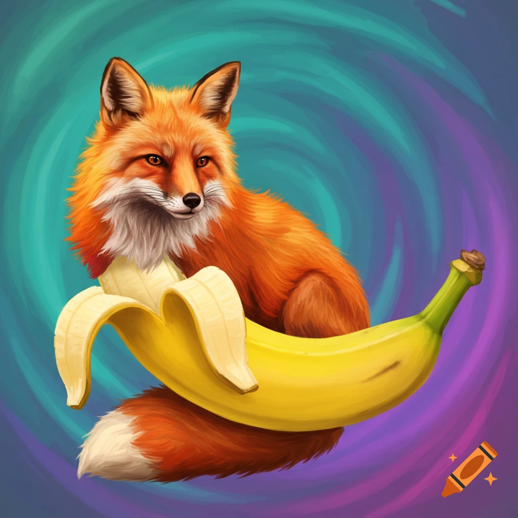 A vibrant illustration of an orange fox sitting inside a partially peeled yellow banana, against a swirling teal and purple background.
