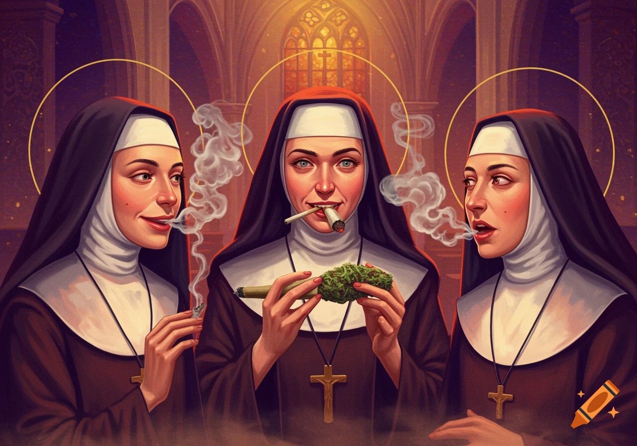 Three smiling nuns smoking marijuana joints and holding cannabis buds inside a church, in a vibrant digital painting style.