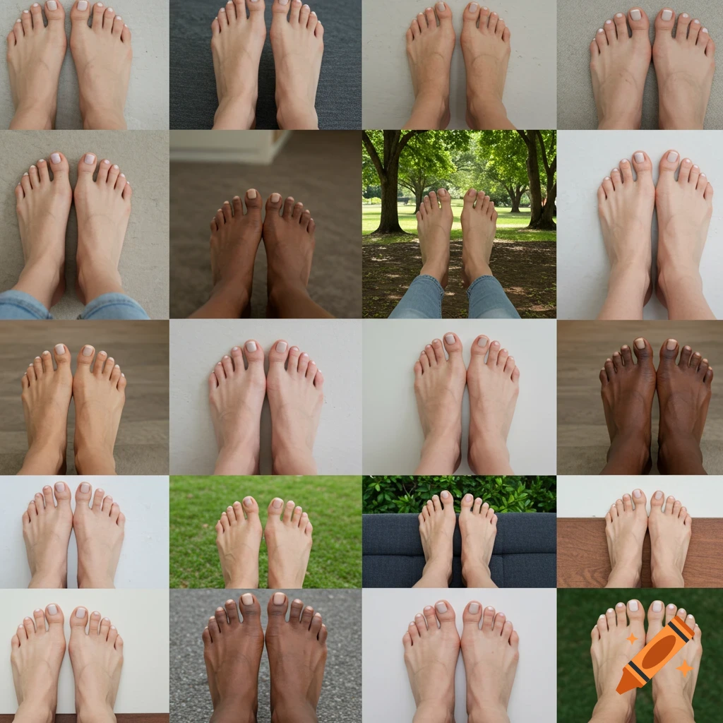 A grid of fifteen photos showing various pairs of human feet with white nail polish in different everyday settings.