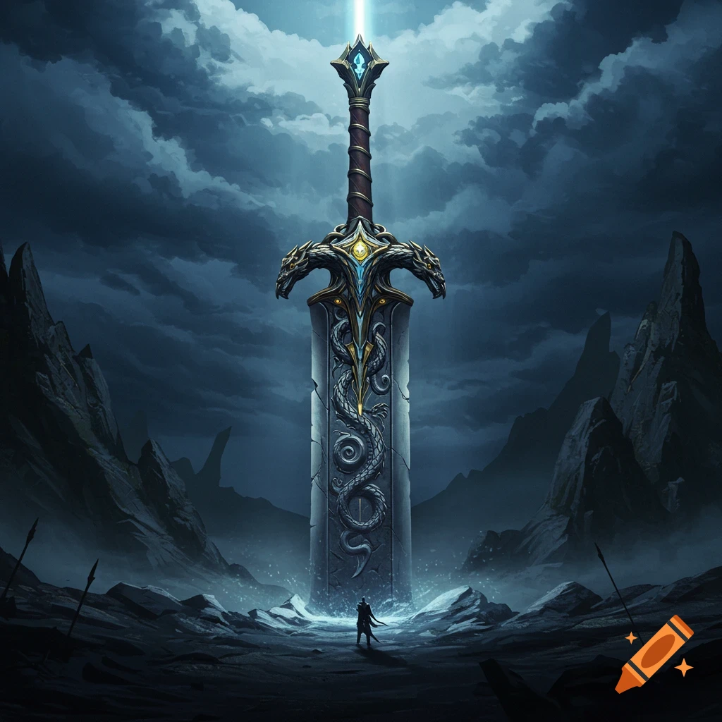 A giant, ornate sword with dragon heads and a glowing tip stands in a desolate, stormy landscape with a small figure looking up.