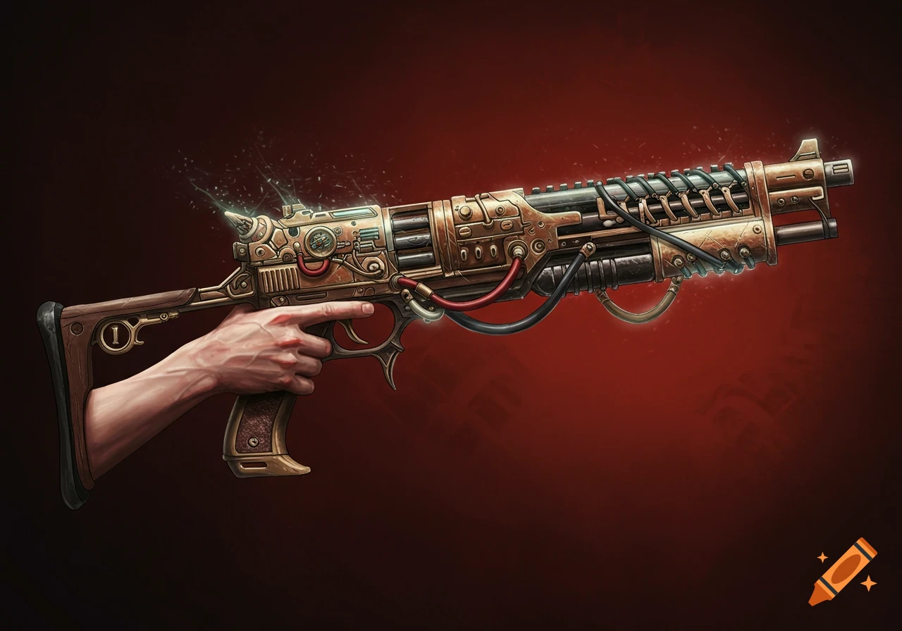 A detailed steampunk rifle with intricate brass and copper parts, pipes, and gears, held by a hand against a dark red background.