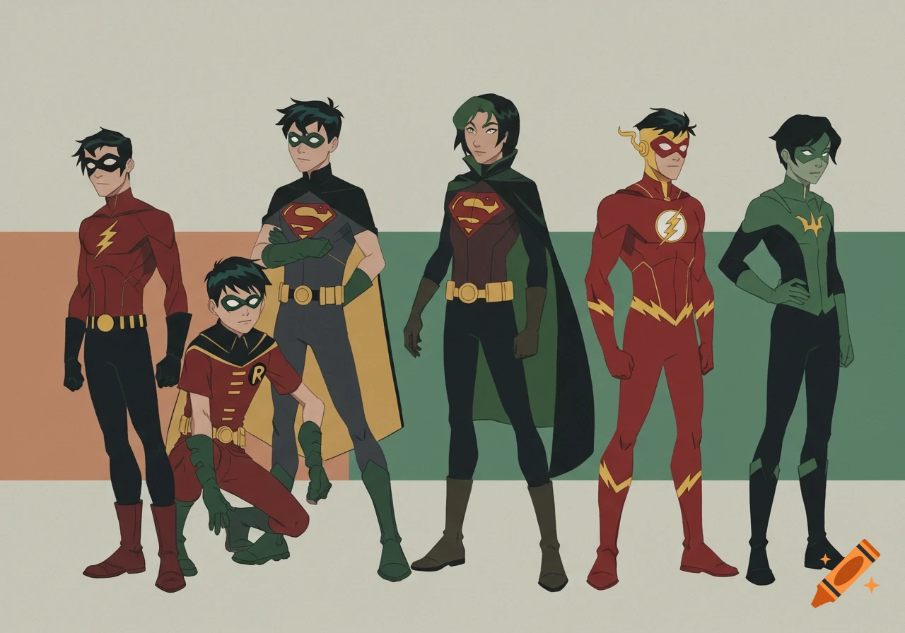 Six cartoon superhero characters, including Flash, Superman, Robin, and Aqualad, from Young Justice against a color-blocked minimalist background.