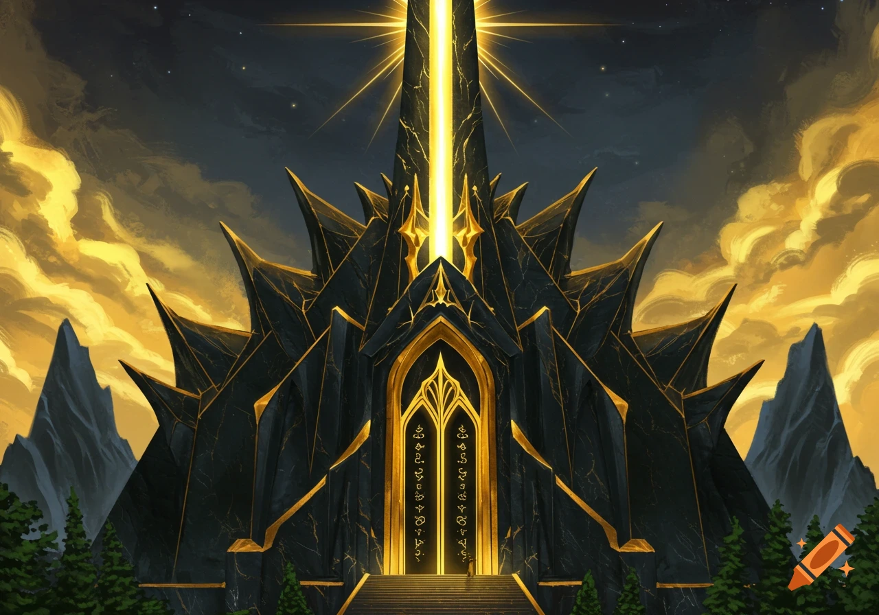 A dark, spiky temple with golden accents and glowing arcane symbols on its doors, topped by a luminous spire, under a dramatic golden and dark blue sky.