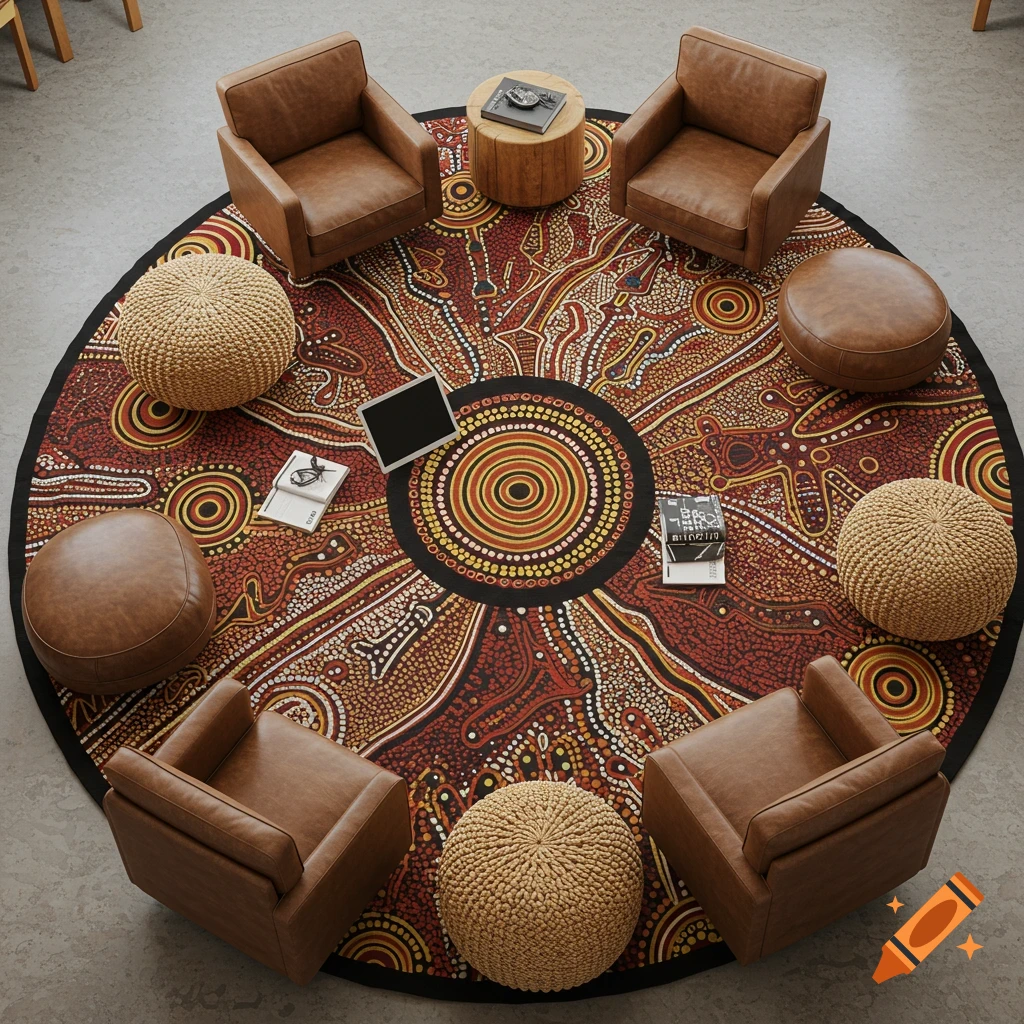 Overhead view of a circular study space with a vibrant Aboriginal Australian design rug, surrounded by brown leather armchairs, ottomans, and knitted poufs on a concrete floor.