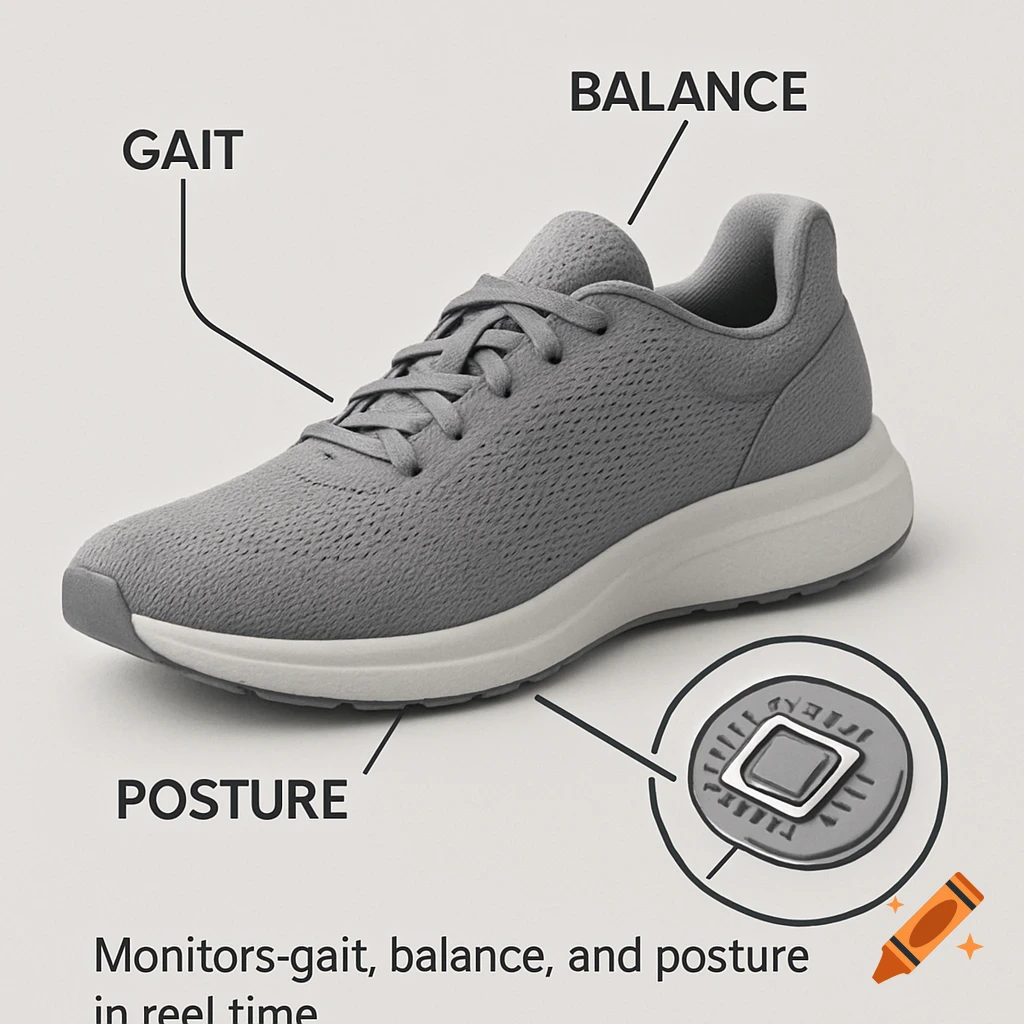 A grey smart shoe with labels indicating monitoring of gait, balance, and posture via an embedded chip.