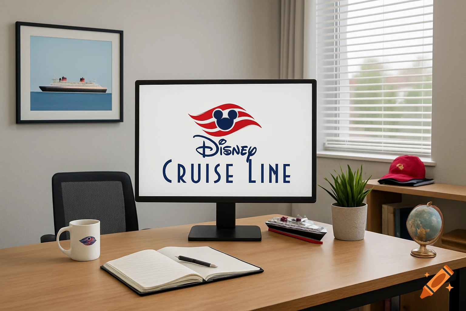 Photorealistic image of an office desk with a computer monitor displaying the Disney Cruise Line logo, a notebook, pen, mug, miniature ship, plant, and globe. A framed ship print hangs on the wall.