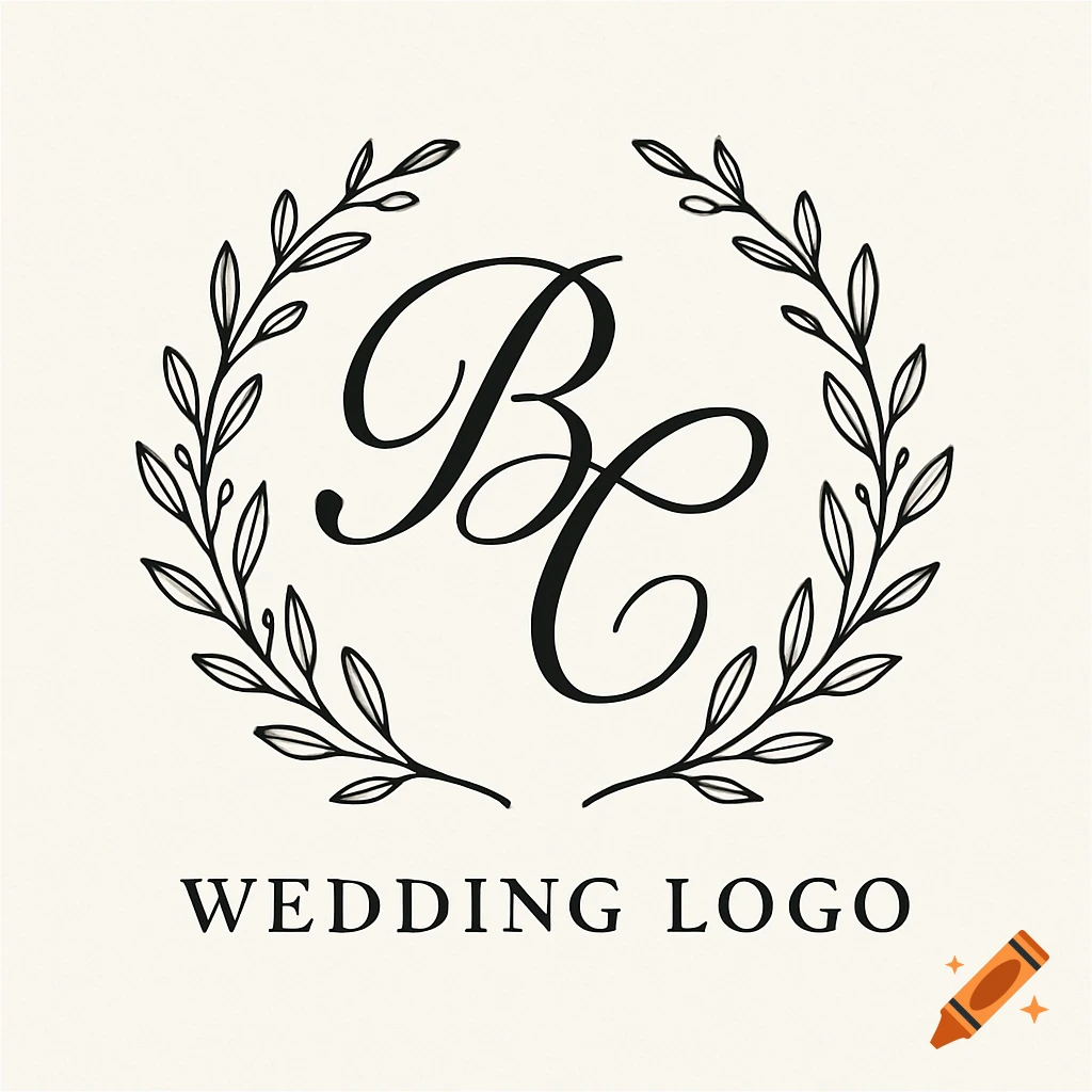 Elegant wedding logo with intertwined 'BC' initials in a leafy wreath and 'WEDDING LOGO' text below.