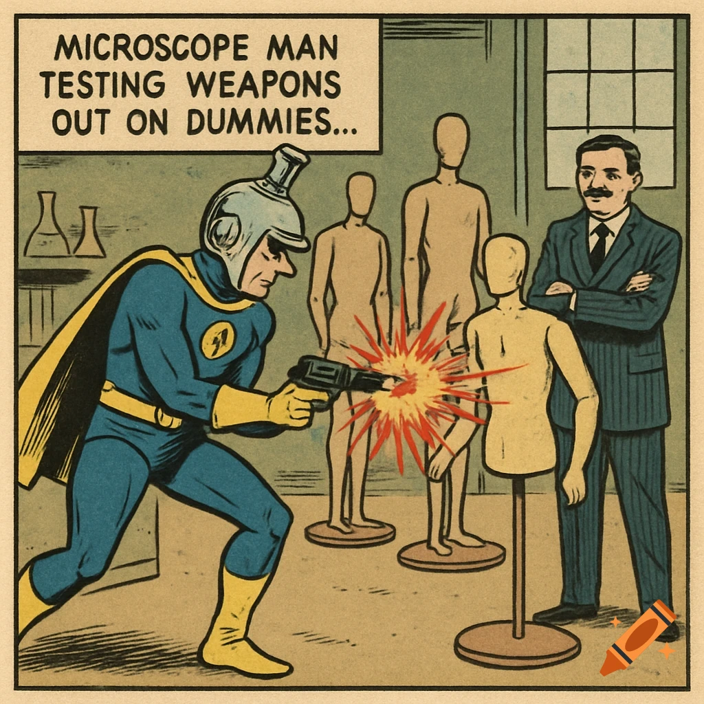 A superhero named Microscope Man in a blue and yellow suit shoots a weapon at a dummy, as a man in a suit watches, in a retro comic book style.