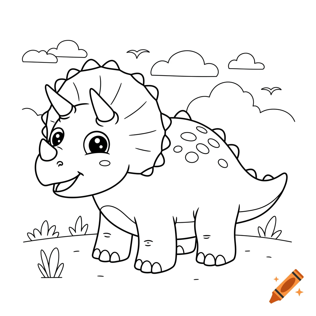 Line art coloring page of a cute cartoon triceratops dinosaur standing in a field with clouds and birds.