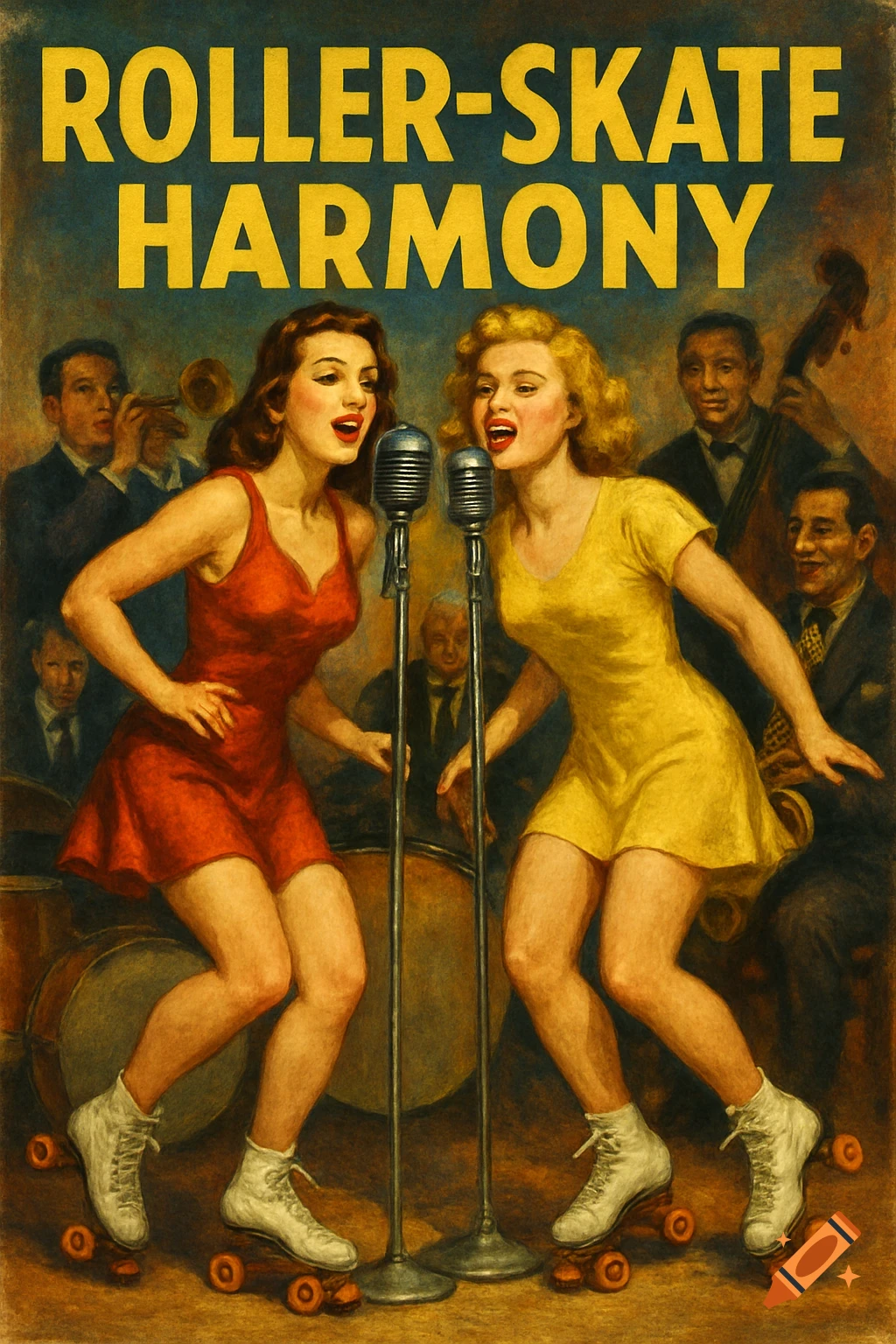 Vintage pulp magazine cover illustration of two women on roller skates singing into microphones with a jazz band behind them, with 'ROLLER-SKATE HARMONY' text.