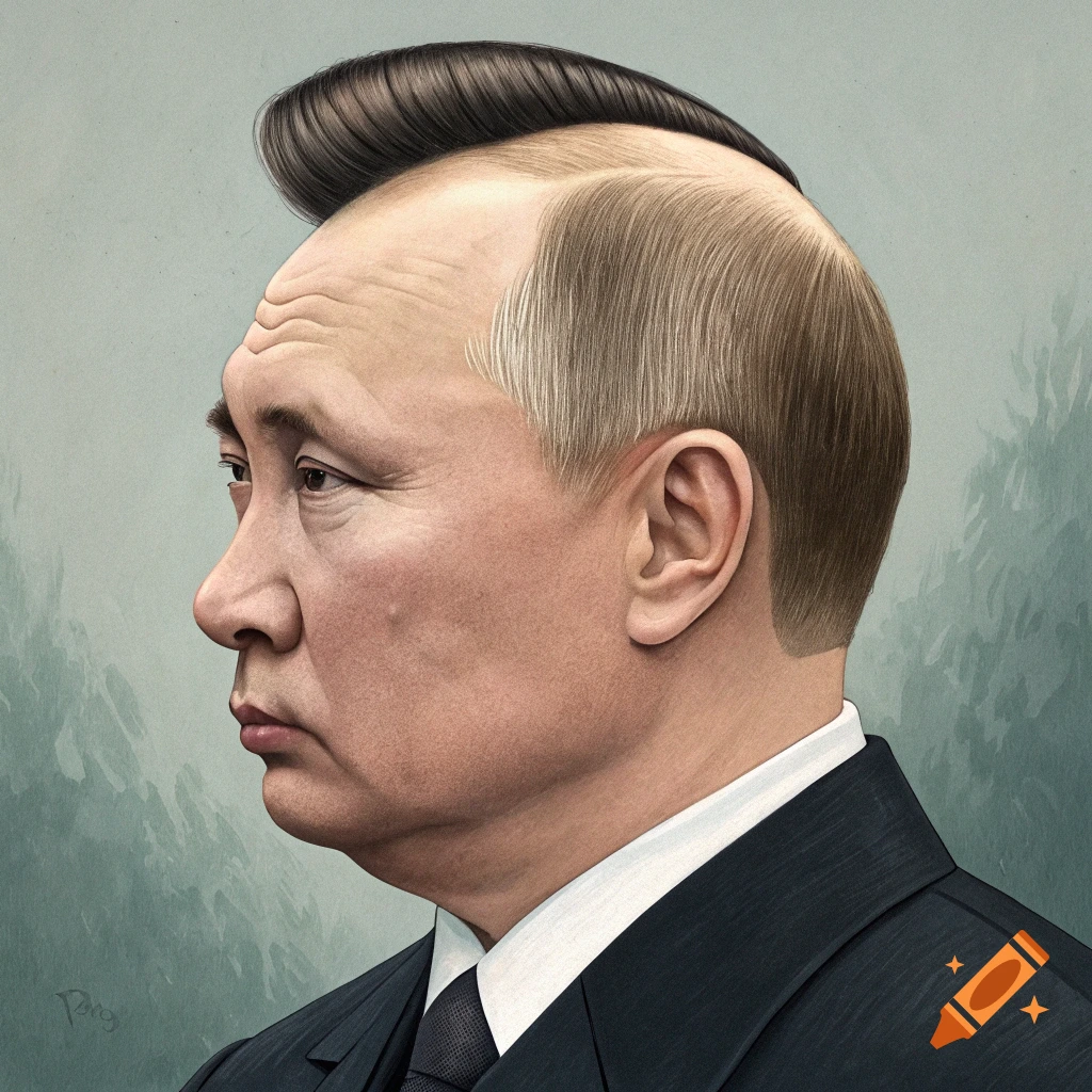 A stylized portrait of Vladimir Putin with Kim Jong Un's haircut, looking left.
